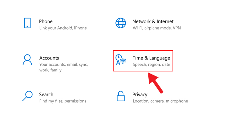 Chọn dòng Time & Language