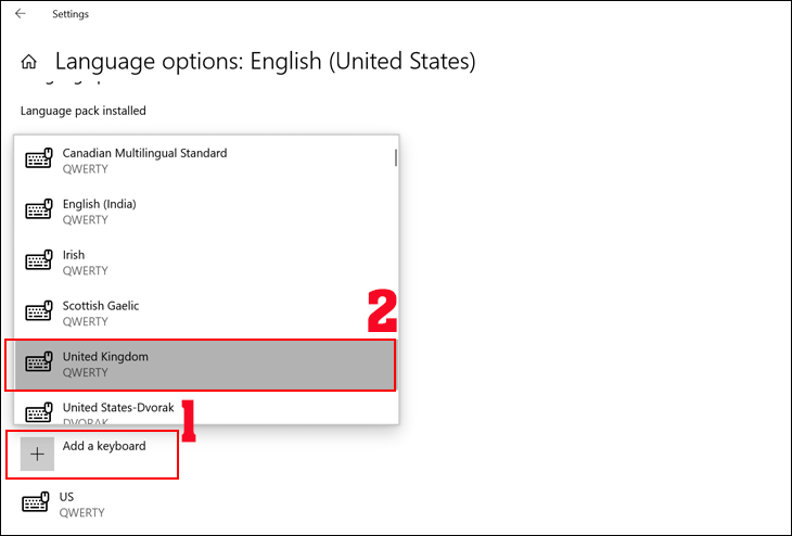 Chọn vào mục Add a keyboard tiếp tục chọn chuẩn bàn phím mới cho máy của bạn