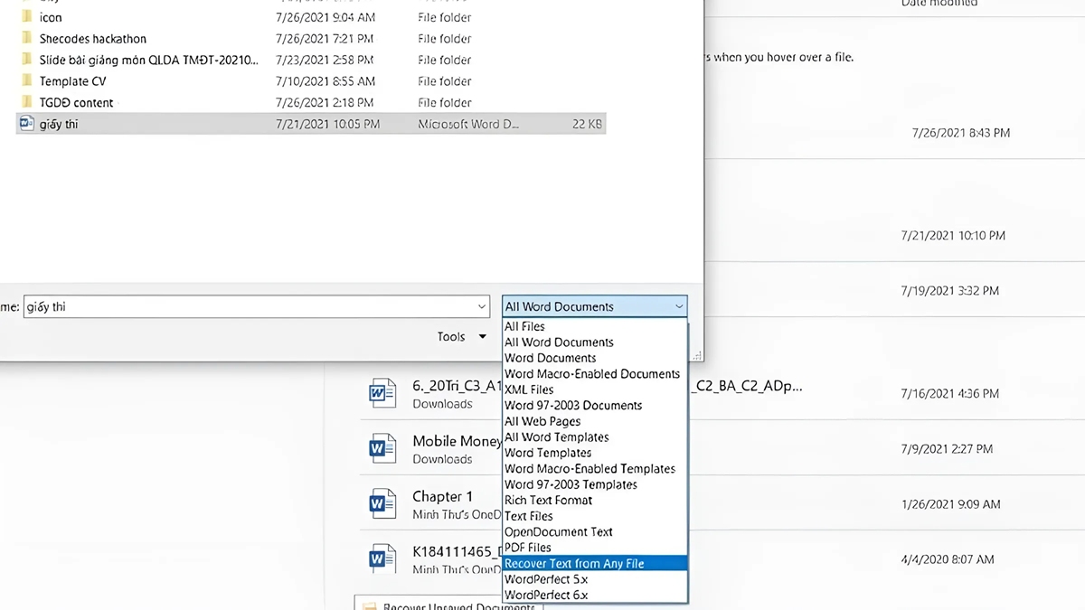 Khôi phục file Word bị lỗi từ bất kỳ tệp nào bước 3