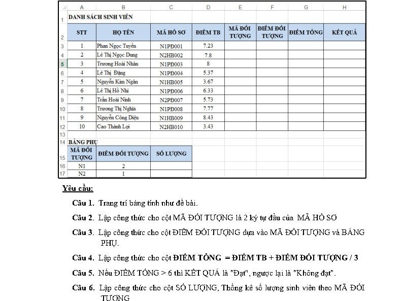 Đề thi thử EXCEL BÀI 1