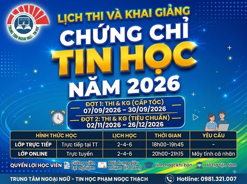 LỊCH THI CHỨNG CHỈ TIN HỌC NĂM 2026