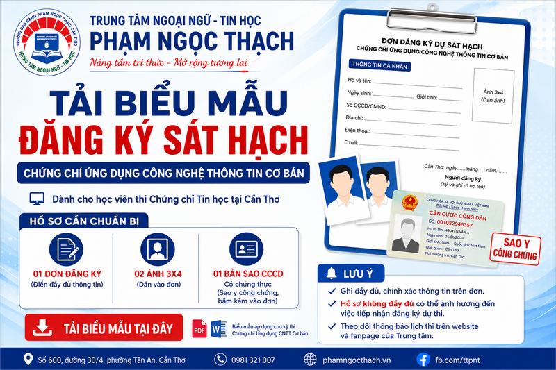 Tải biểu mẫu đăng ký sát hạch Chứng chỉ Tin học Cần Thơ (Ứng dụng CNTT Cơ bản)